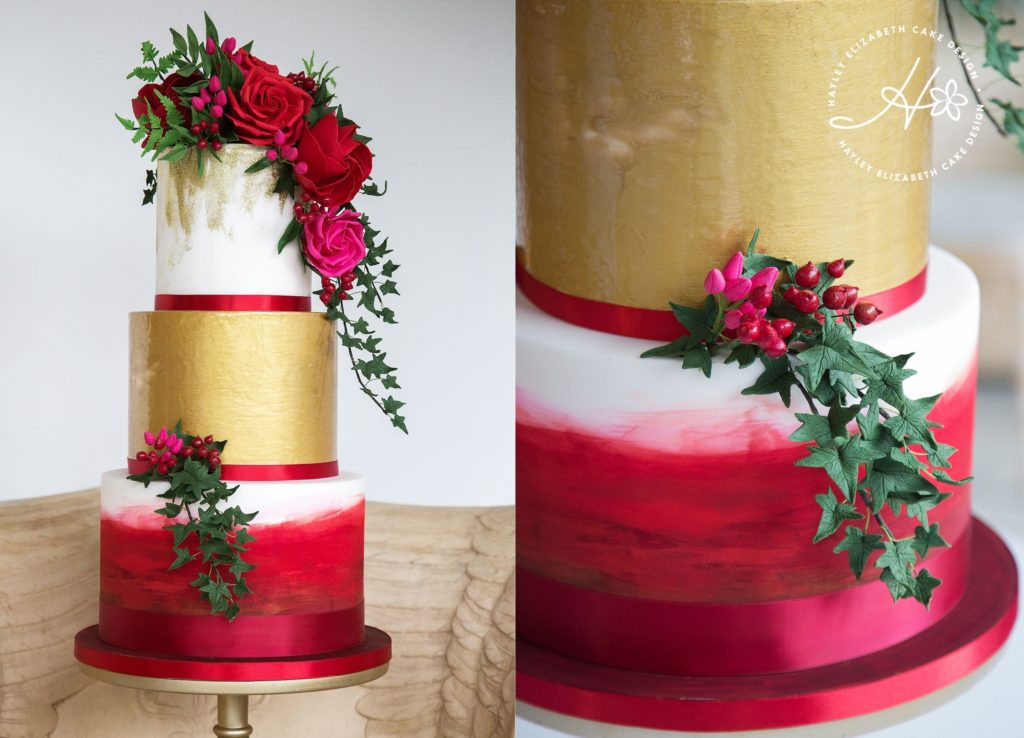 Winter wedding cake, Christmas wedding cake, luxury wedding cake, gold wedding cake, red and gold wedding cake, elegant wedding cake, wedding cakes for a Christmas wedding.