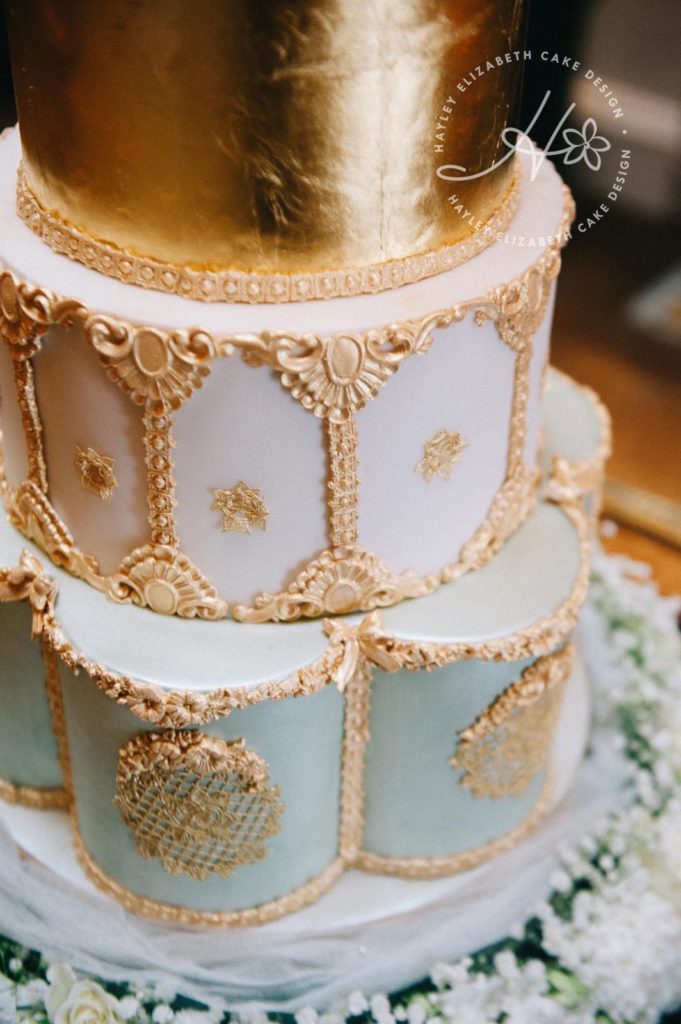 Luxury gold wedding cake, ornate wedding cake, elegant wedding cake, gold detail wedding cake, Hayley Elizabeth Cake Design, gold wedding cake, glam wedding cake, wedding cake ideas, sugar art.
