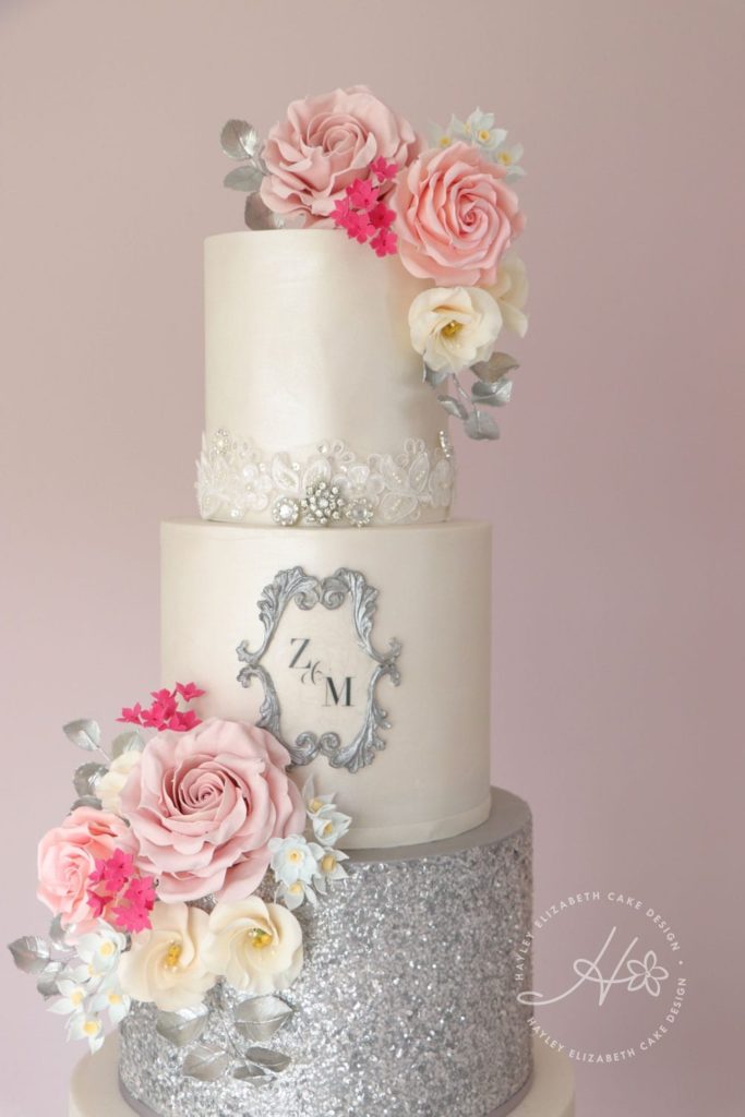 Luxury wedding cake from Hayley Elizabeth Cake Design, sugar roses, silver leaf foliage, fondant icing, elegant wedding cake, pretty wedding cake, pink and grey wedding cake, silver wedding cake, wedding cake inspiration