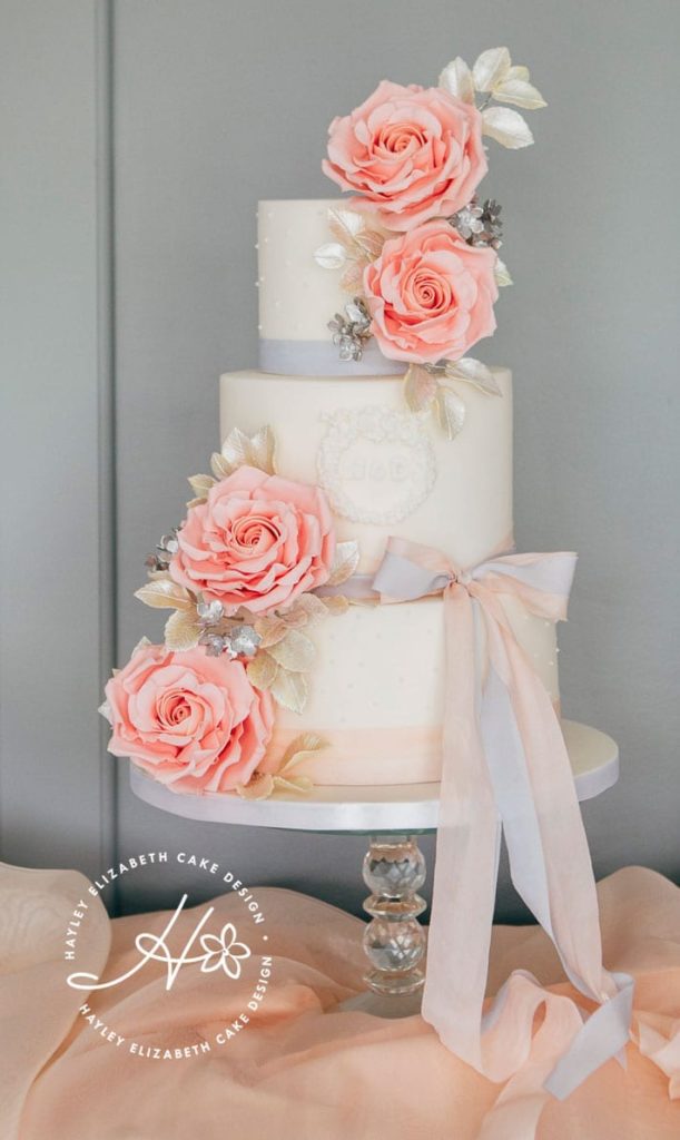 Luxury wedding cake from Hayley Elizabeth Cake Design, sugar roses, silver leaf foliage, fondant icing, elegant wedding cake, pretty wedding cake, pink and grey wedding cake, silver wedding cake, wedding cake inspiration