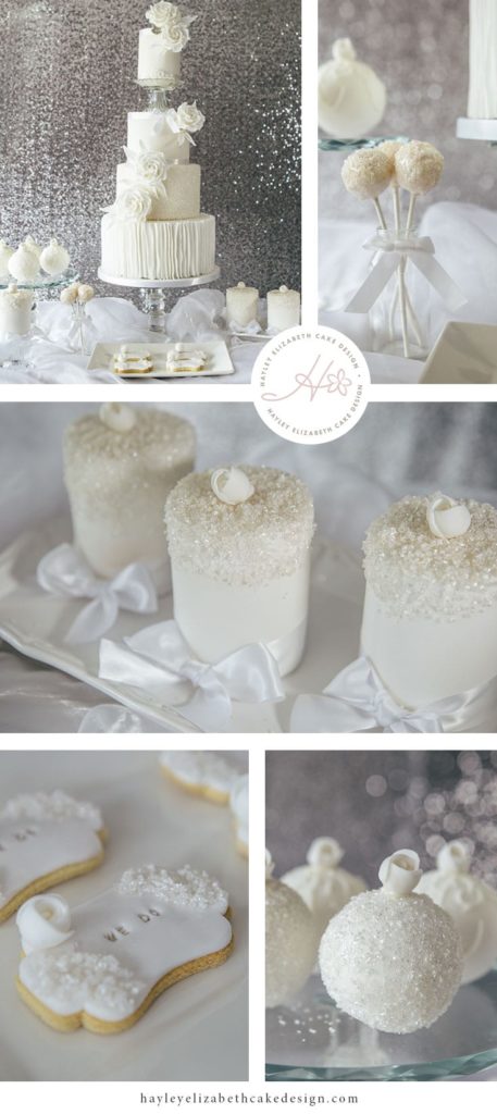 All white dessert table, luxury wedding cake, cake pops, iced biscuits, mini cakes, silver and white wedding cake, dessert bar, white sequin wedding cake, sugar flowers, wedding cake inspiration