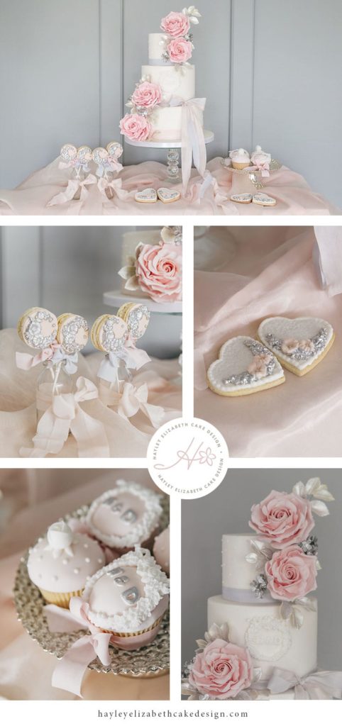 Pink grey and silver dessert table, luxury wedding cake, cake pops, iced biscuits, mini cakes, dessert bar, white wedding cake, sugar flowers, wedding cake inspiration