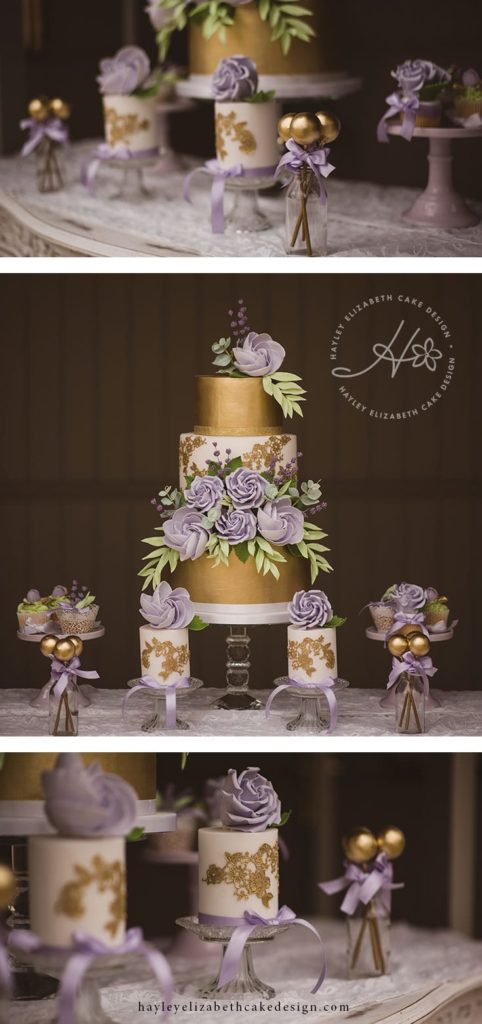 Elegant dessert table, Gold and purple dessert table, luxury wedding cake, cupcakes, cake pops, iced biscuits, mini cakes, dessert bar, elegant wedding cake, sugar flowers, wedding cake inspiration