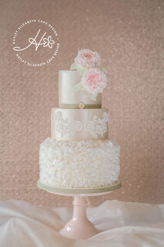 Ruffle Wedding Cake, Sugar flower peonies, Lace wedding cake, ivory wedding cake, blush wedding cake, luxury wedding cake, elegant wedding cake, wedding cake inspiration, Hampshire and Dorset cake designer.