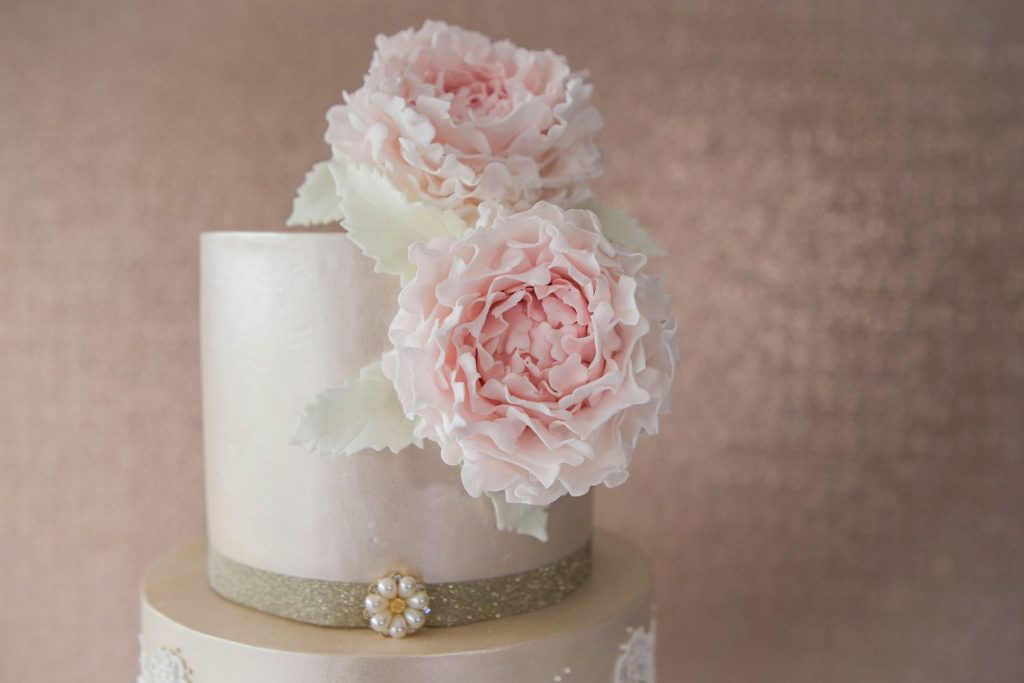 Sugar peony on floral wedding cake