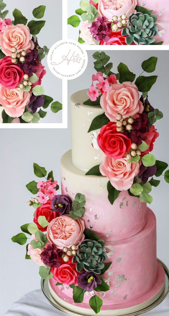 Pink wedding cake, luxury wedding cake, colourful wedding cake, elegant wedding cakes, watercolour wedding cake, silver leaf wedding cake, bright wedding cake, wedding cake inspiration, ombre wedding cake