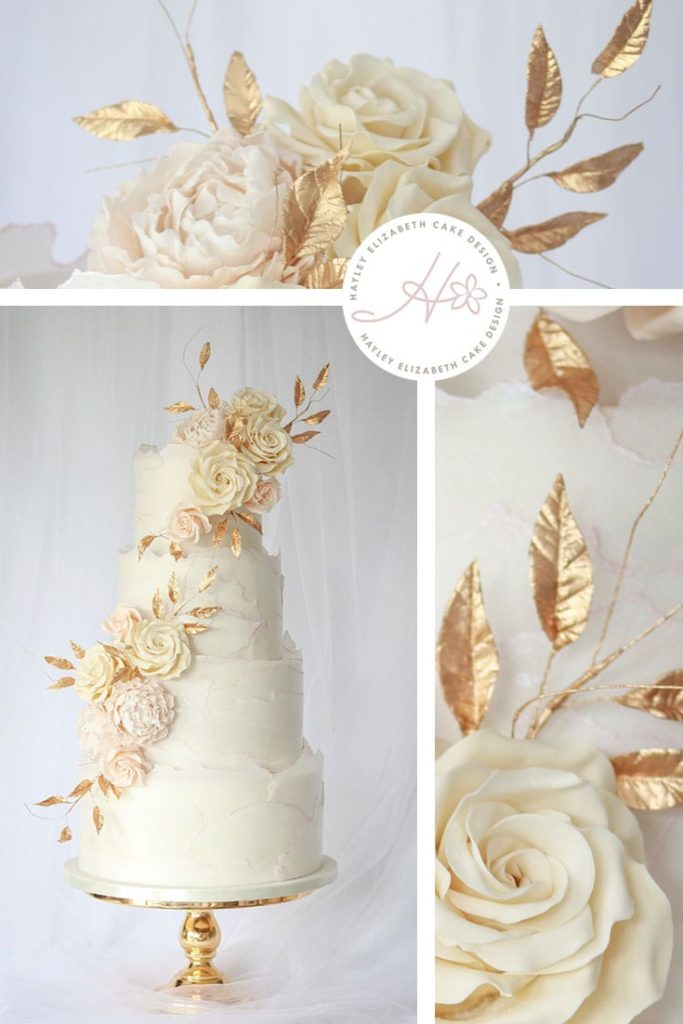 cream and gold wedding cake, wedding cake inspiration, elegant wedding cakes, blush and gold wedding cake, gold wedding cake, gold leaf wedding cake, blush and cream wedding cake