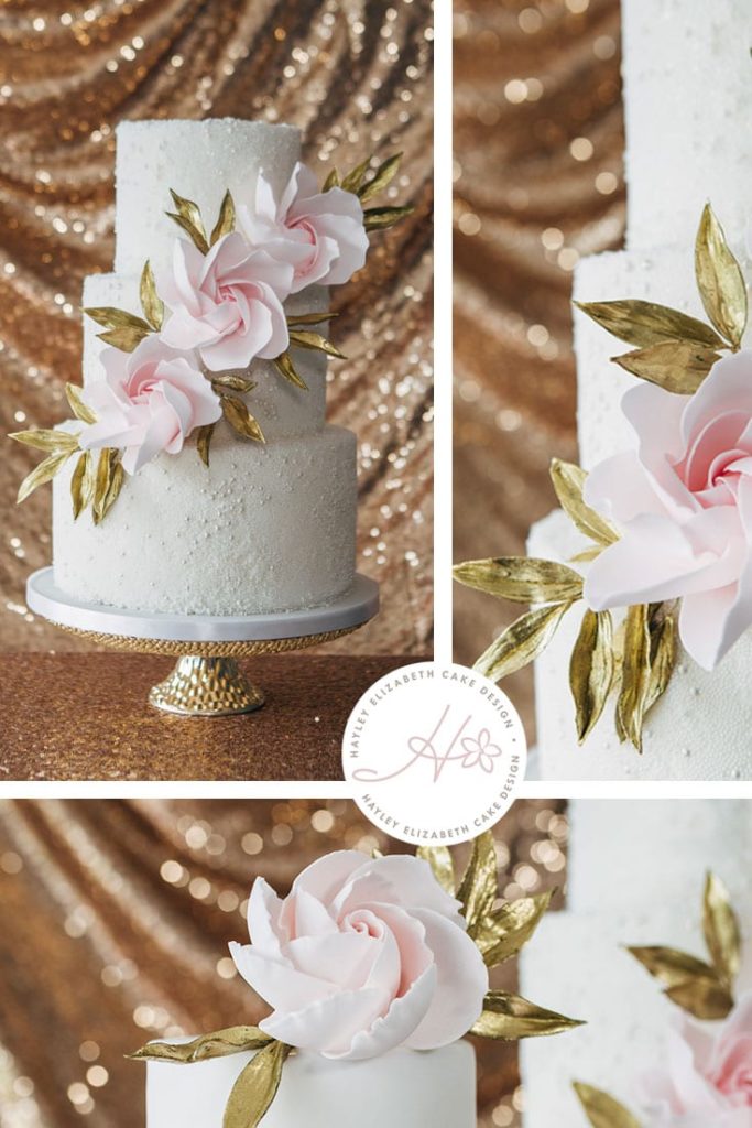 Textured wedding cake with contemporary roses and gold leaves. White, gold and pink wedding cake, elegant wedding cake, sugar flowers, Hampshire and Dorset cake design, wedding cake inspiratio