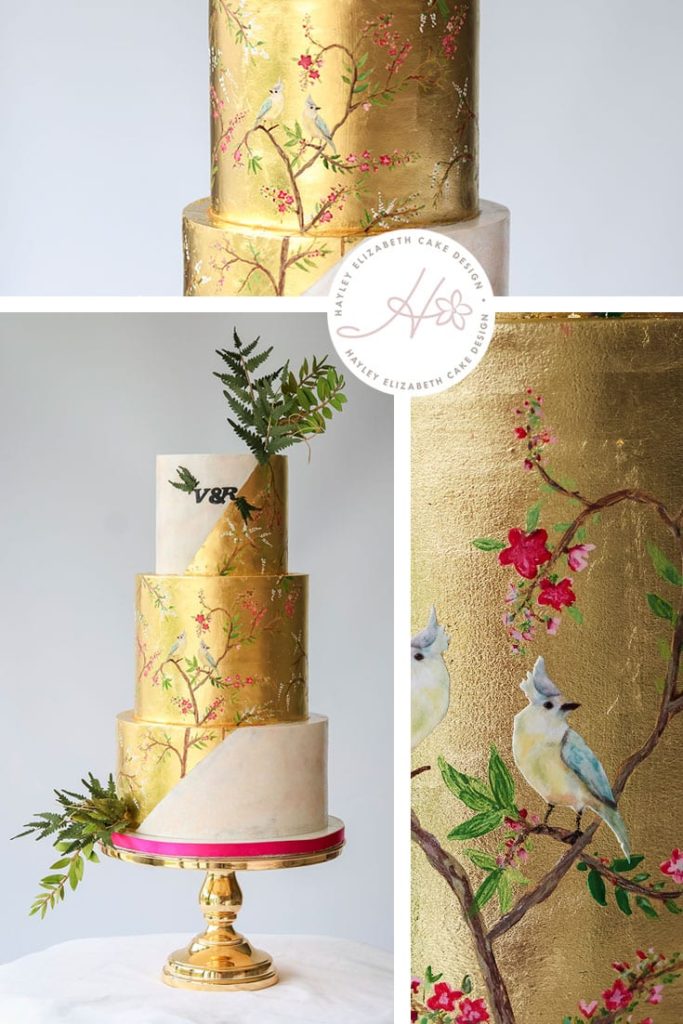 Painted Gold leaf wedding cake, detailed wedding cake, luxury wedding cake, elegant wedding cakes, gold wedding cake, foil wedding cake, wedding cake inspiration, opulent wedding cake