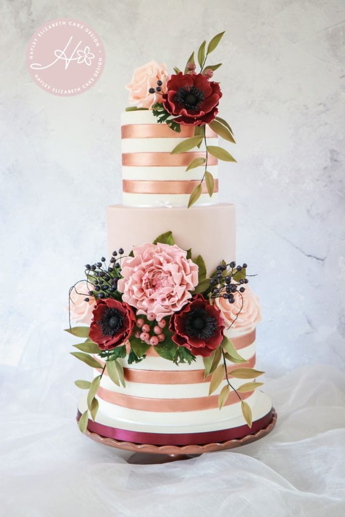 Burgundy sugar flowers, luxury wedding cake from Hayley Elizabeth Cake Design, Dorset and Hampshire cake designer. Autumn wedding cake, elegant wedding cake, autumnal sugar flowers, autumn wedding, wedding cake ideas.
