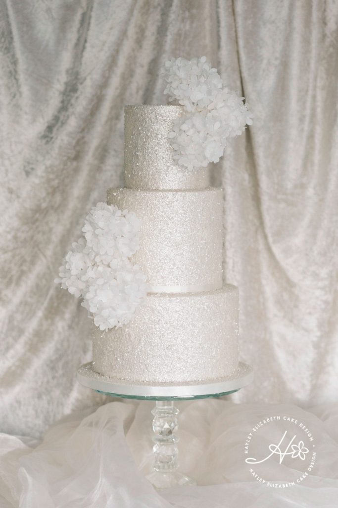 All white sparkle wedding cake